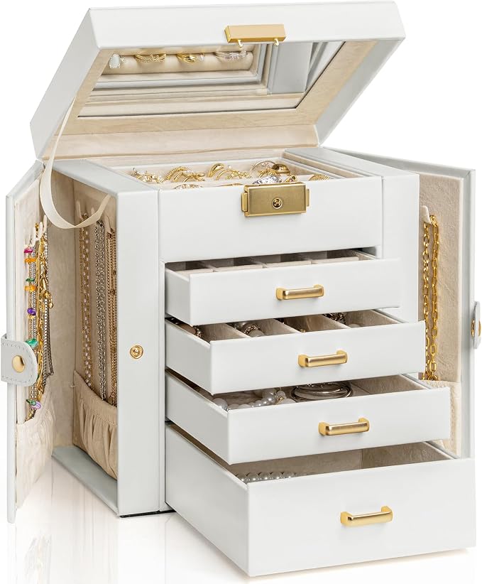 AKOZLIN 5-Tier Jewelry Box Leather Jewelry Storage Organizer with 4 Drawers Lockable for Women Girls Ring Necklace Earring Bracelet Watches Holder with Mirror White