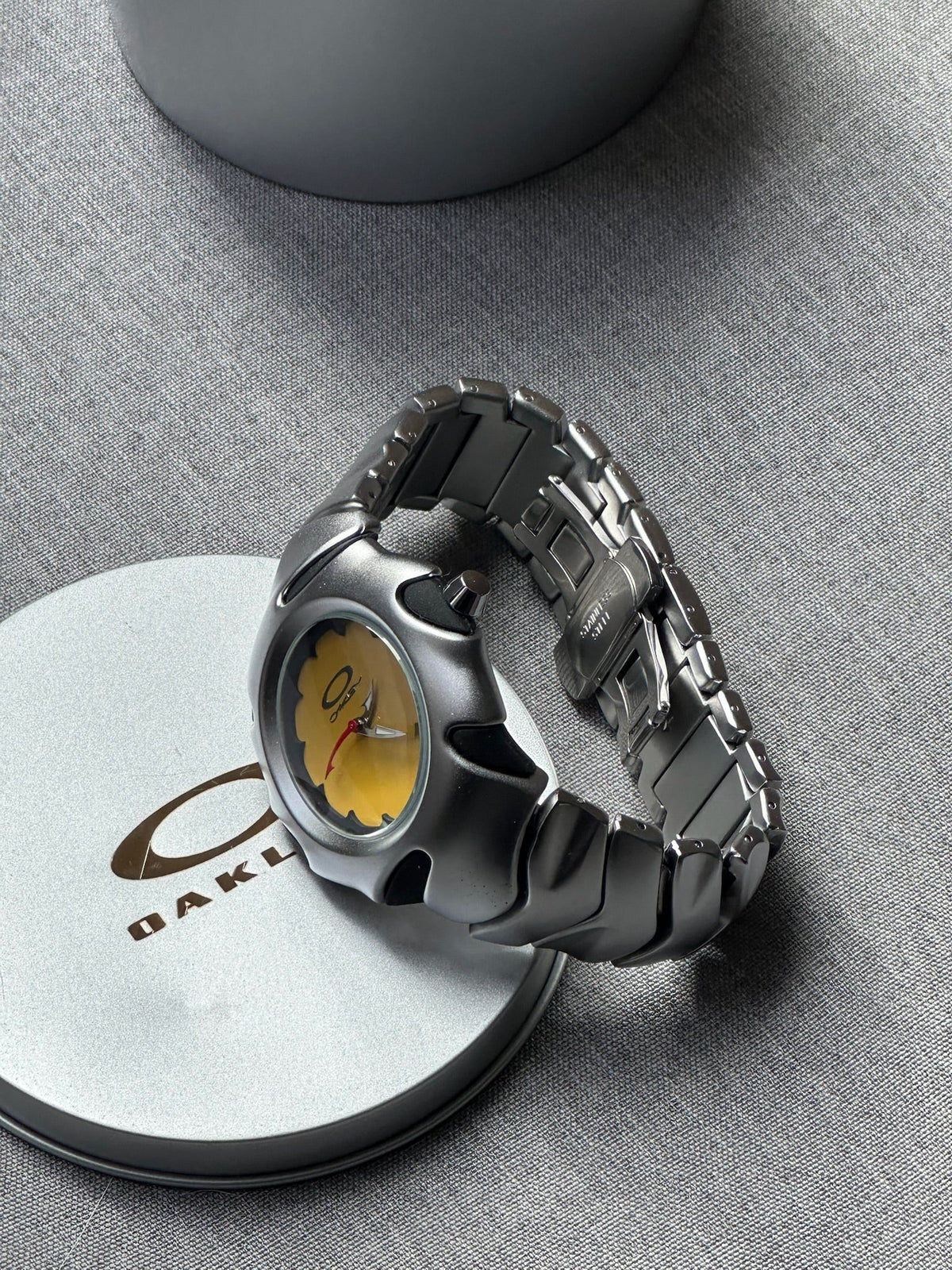 Oakley Blade Watch: Silver Brushed Stainless Steel with Yellow Dial, Swiss Movement