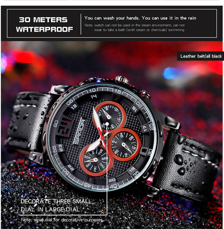 SANDA 5009 Business Fashion Three Eye Six Needle Casual Leather Waterproof Men Quartz Watch