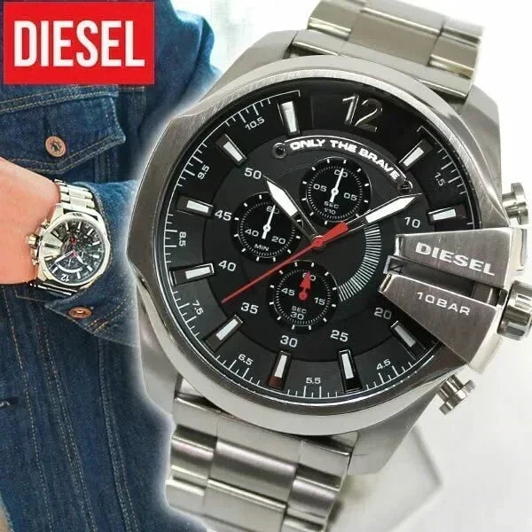 Diesel DZ4308 Mega Chief Chronograph Men's Watch – Black Dial & Silver Stainless Steel Strap