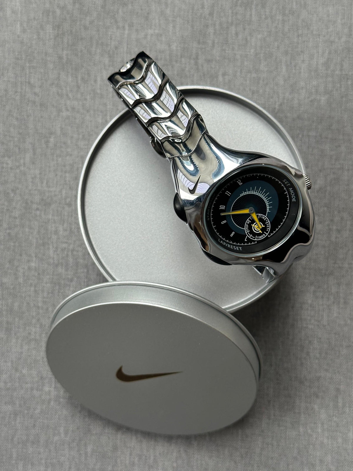 Nike Triax Chronograph Watch Shiny Silver with black yellow dial – Vintage Grey Stainless Steel Sports Watch, Rare Collectible Timepiece