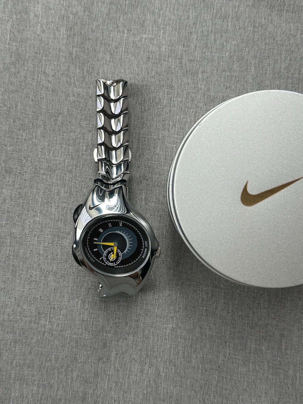 Nike Triax Chronograph Watch Shiny Silver with black yellow dial – Vintage Grey Stainless Steel Sports Watch, Rare Collectible Timepiece