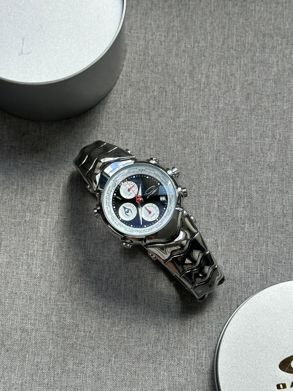 Oakley Judge Chronograph Watch – Blue/ White/ Black Dial, Stainless Steel Polished Bracelet, Swiss Movement