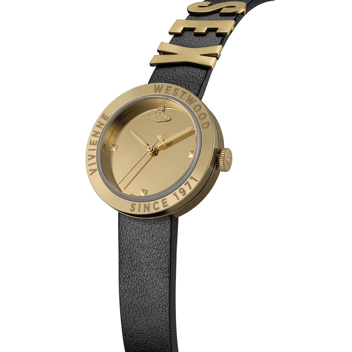 Vivienne Westwood Rebel 30mm Gold Dial Leather Ladies Quartz Watch VV303BKGD